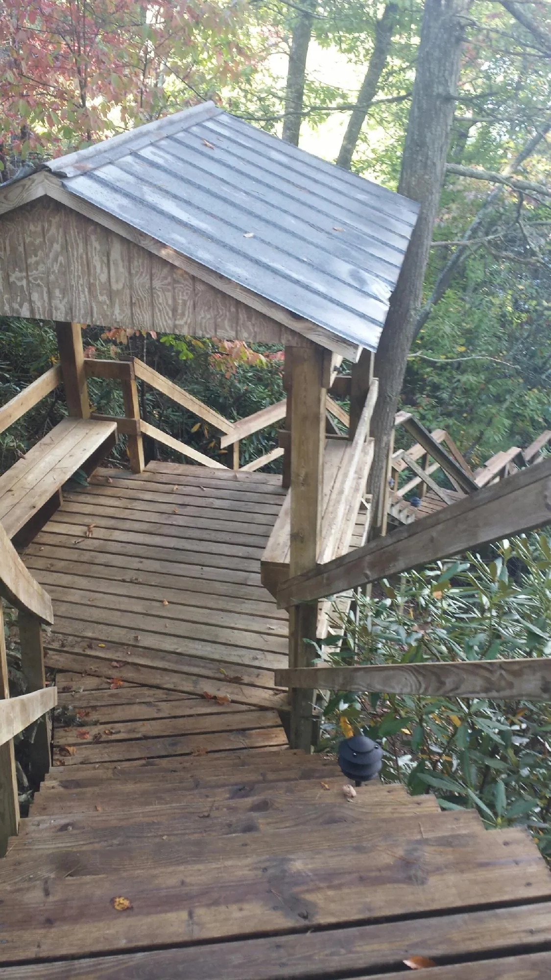 Metal roofed shelter over wooden steps on a wooded walkway — Skylight Repair & Installation work by our crew in Hiwassee